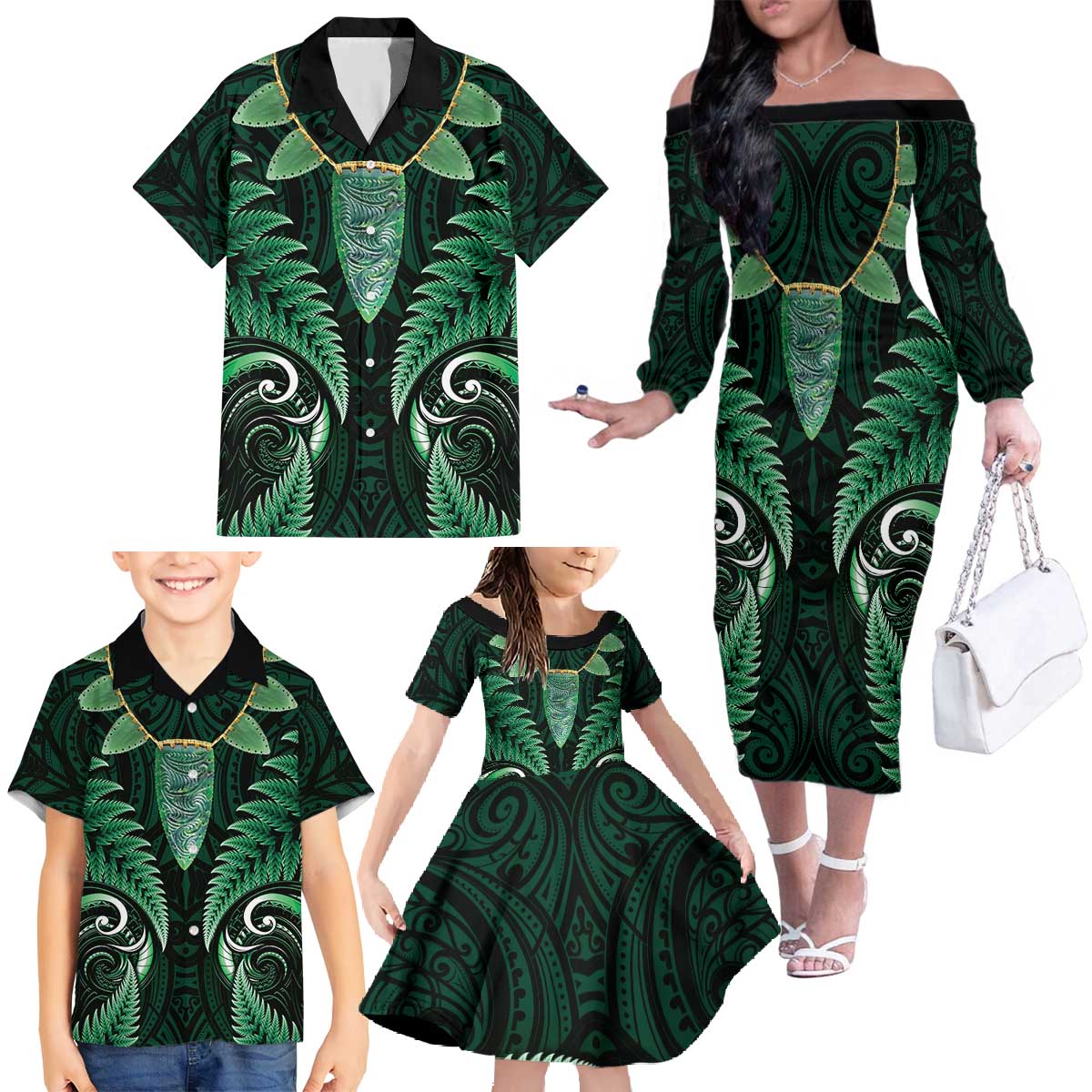 Aotearoa Pounamu Niho Family Matching Off The Shoulder Long Sleeve Dress and Hawaiian Shirt Silver Fern Mix Maori Pattern - Green LT14 - Polynesian Pride