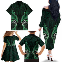 Aotearoa Pounamu Niho Family Matching Off The Shoulder Long Sleeve Dress and Hawaiian Shirt Silver Fern Mix Maori Pattern - Green LT14 - Polynesian Pride