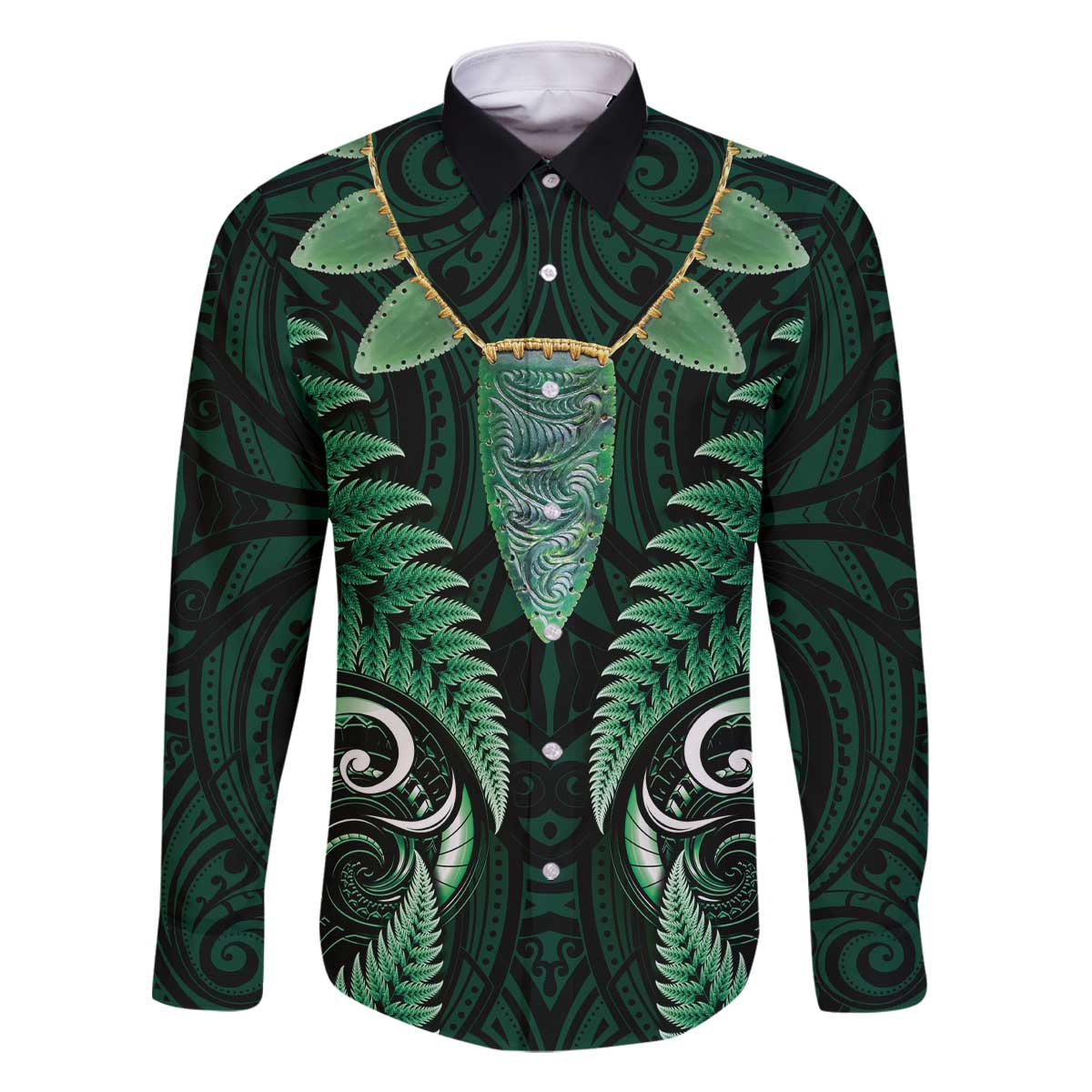 Aotearoa Pounamu Niho Family Matching Off The Shoulder Long Sleeve Dress and Hawaiian Shirt Silver Fern Mix Maori Pattern - Green LT14 Dad's Shirt - Long Sleeve Green - Polynesian Pride