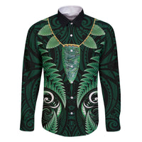 Aotearoa Pounamu Niho Family Matching Off The Shoulder Long Sleeve Dress and Hawaiian Shirt Silver Fern Mix Maori Pattern - Green LT14 Dad's Shirt - Long Sleeve Green - Polynesian Pride
