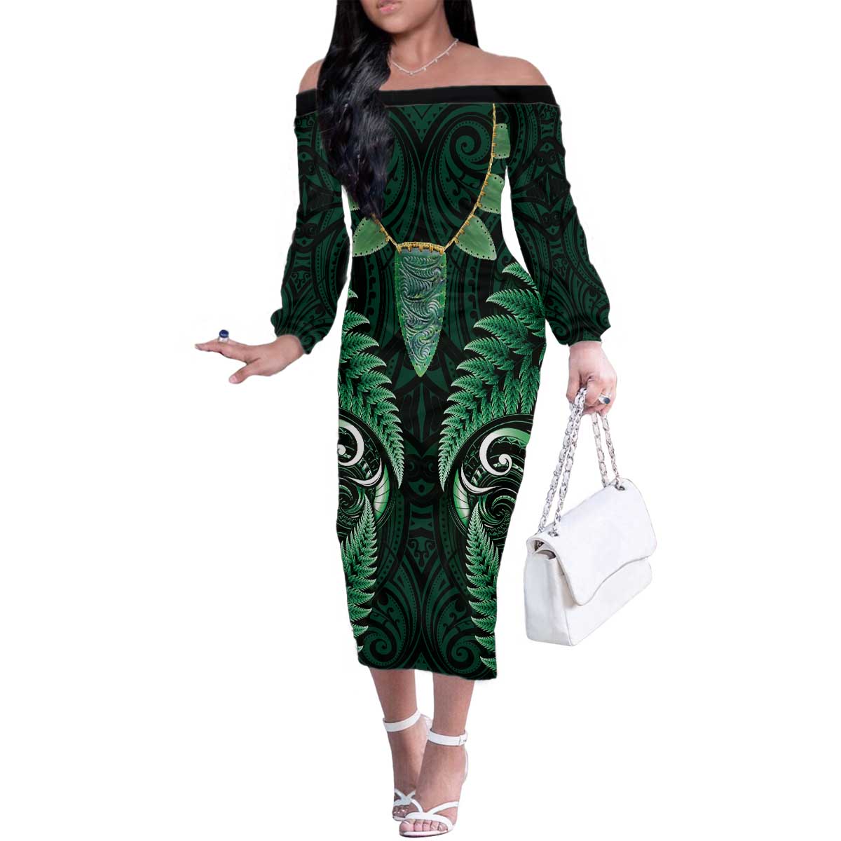 Aotearoa Pounamu Niho Family Matching Off The Shoulder Long Sleeve Dress and Hawaiian Shirt Silver Fern Mix Maori Pattern - Green LT14 Mom's Dress Green - Polynesian Pride