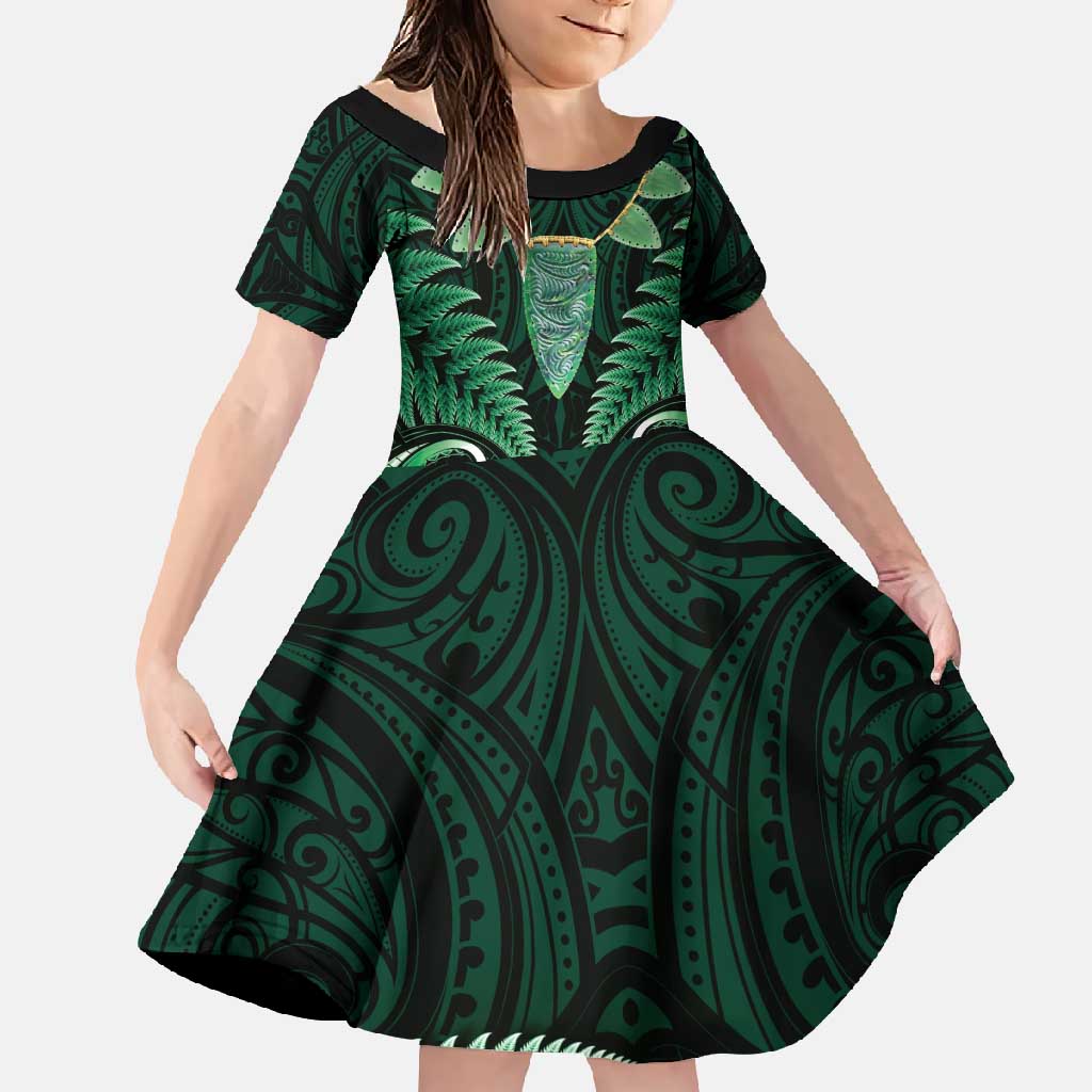 Aotearoa Pounamu Niho Family Matching Off Shoulder Maxi Dress and Hawaiian Shirt Silver Fern Mix Maori Pattern - Green LT14 Daughter's Dress Green - Polynesian Pride