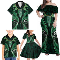 Aotearoa Pounamu Niho Family Matching Off Shoulder Maxi Dress and Hawaiian Shirt Silver Fern Mix Maori Pattern - Green LT14 - Polynesian Pride