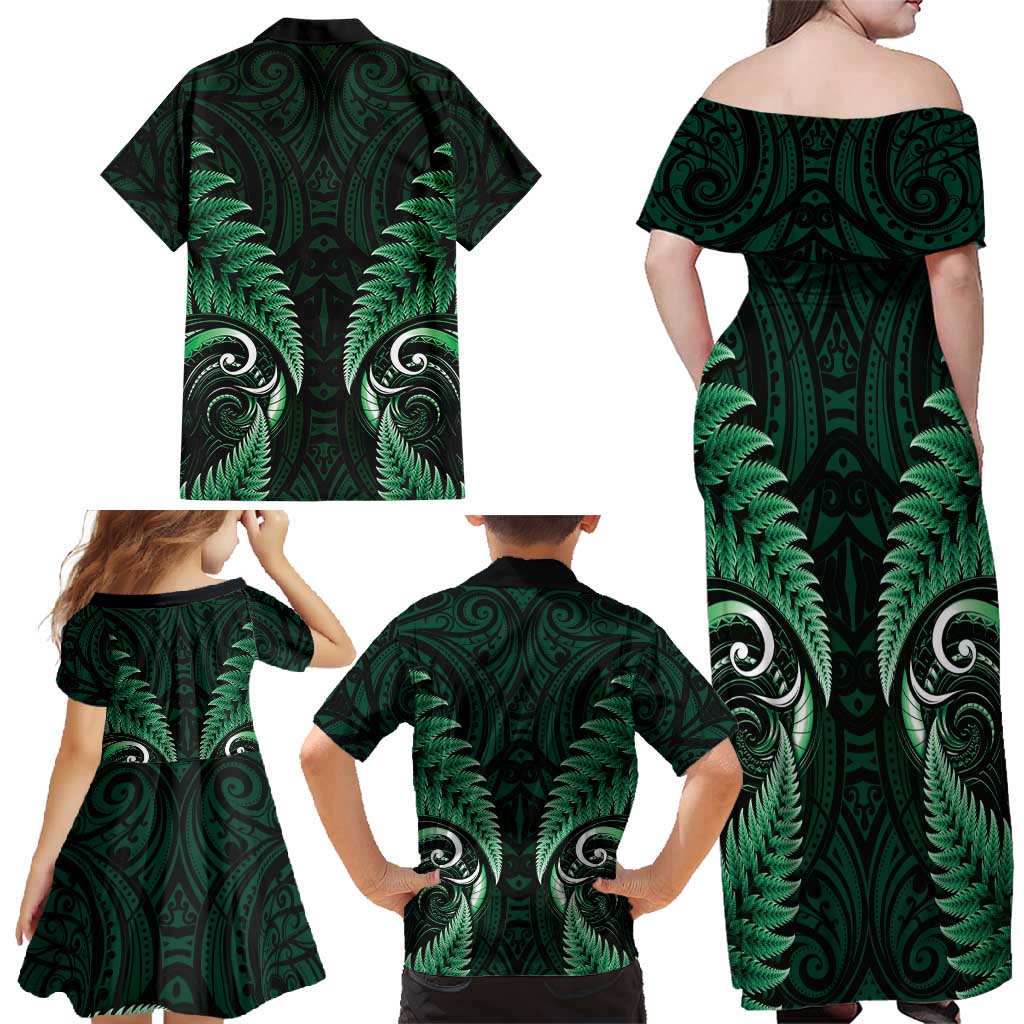 Aotearoa Pounamu Niho Family Matching Off Shoulder Maxi Dress and Hawaiian Shirt Silver Fern Mix Maori Pattern - Green LT14 - Polynesian Pride