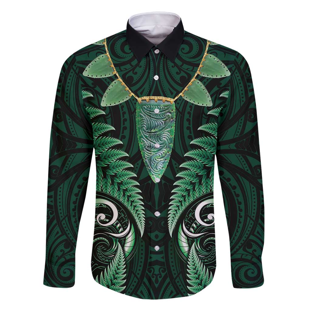 Aotearoa Pounamu Niho Family Matching Off Shoulder Maxi Dress and Hawaiian Shirt Silver Fern Mix Maori Pattern - Green LT14 Dad's Shirt - Long Sleeve Green - Polynesian Pride
