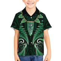 Aotearoa Pounamu Niho Family Matching Off Shoulder Maxi Dress and Hawaiian Shirt Silver Fern Mix Maori Pattern - Green LT14 Son's Shirt Green - Polynesian Pride