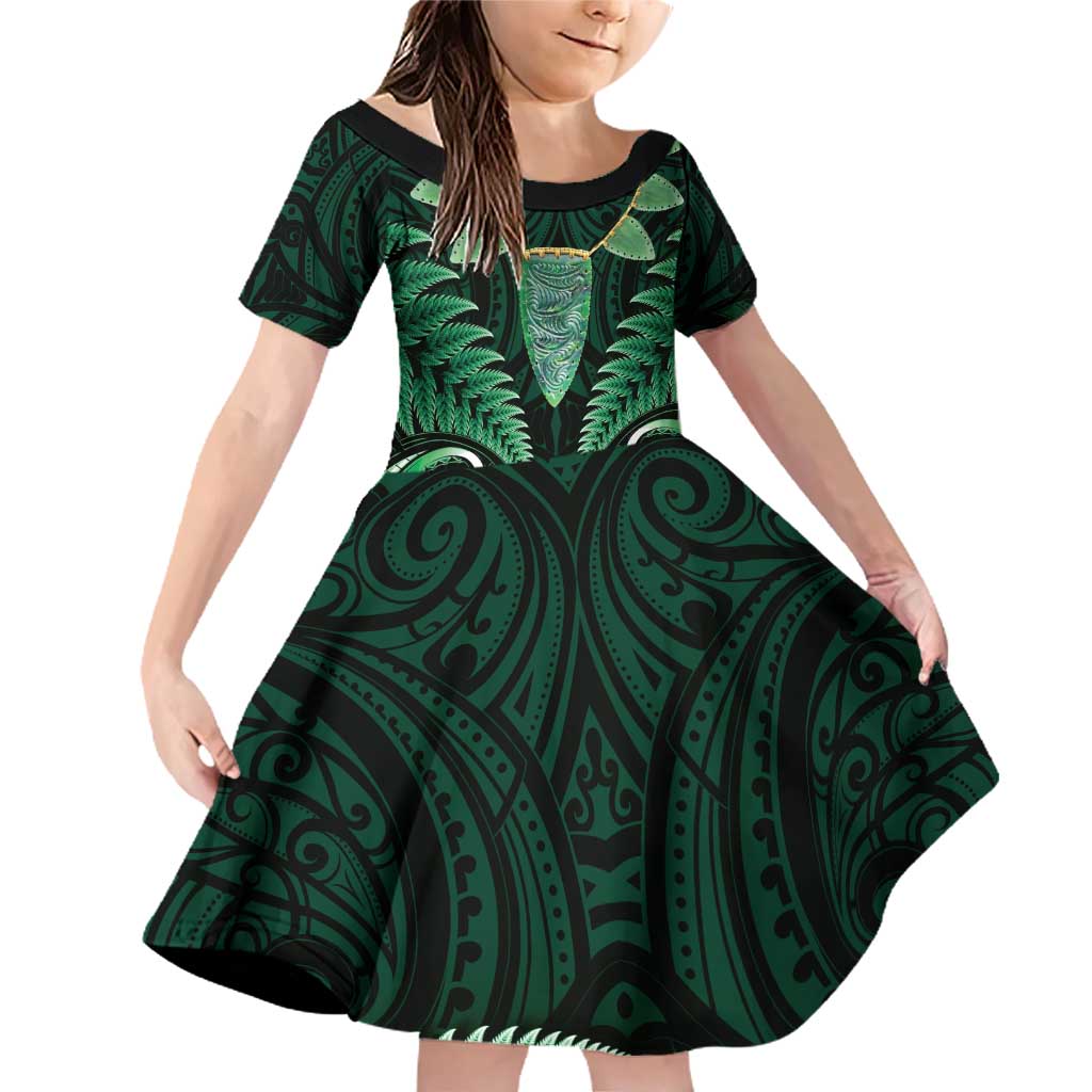 Aotearoa Pounamu Niho Family Matching Off Shoulder Short Dress and Hawaiian Shirt Silver Fern Mix Maori Pattern - Green LT14 Daughter's Dress Green - Polynesian Pride
