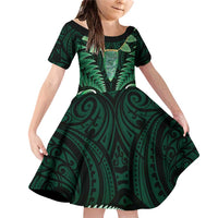 Aotearoa Pounamu Niho Family Matching Off Shoulder Short Dress and Hawaiian Shirt Silver Fern Mix Maori Pattern - Green LT14 Daughter's Dress Green - Polynesian Pride