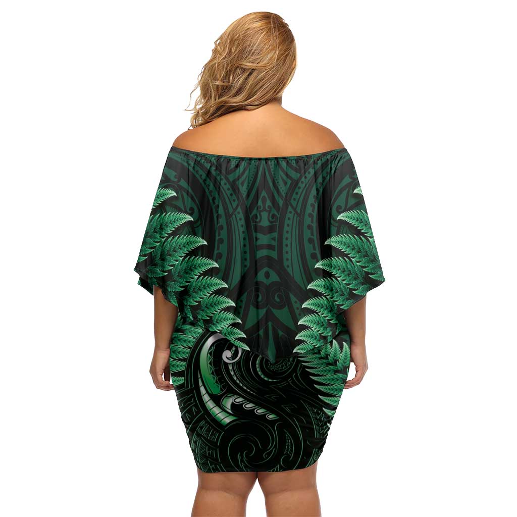 Aotearoa Pounamu Niho Family Matching Off Shoulder Short Dress and Hawaiian Shirt Silver Fern Mix Maori Pattern - Green LT14 - Polynesian Pride