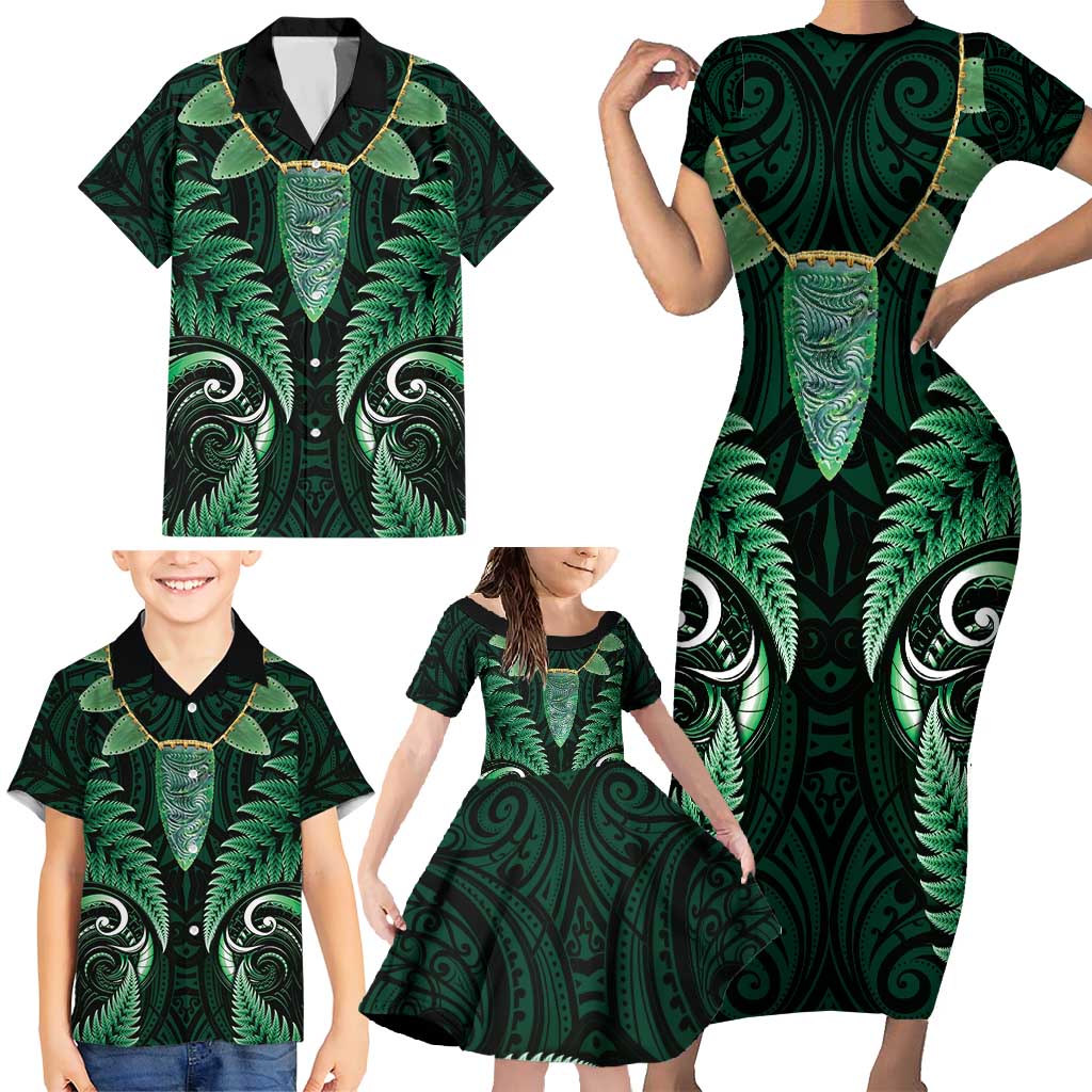 Aotearoa Pounamu Niho Family Matching Short Sleeve Bodycon Dress and Hawaiian Shirt Silver Fern Mix Maori Pattern - Green LT14 - Polynesian Pride