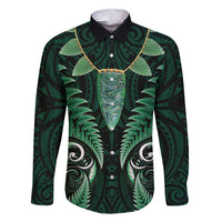 Aotearoa Pounamu Niho Family Matching Short Sleeve Bodycon Dress and Hawaiian Shirt Silver Fern Mix Maori Pattern - Green LT14 Dad's Shirt - Long Sleeve Green - Polynesian Pride