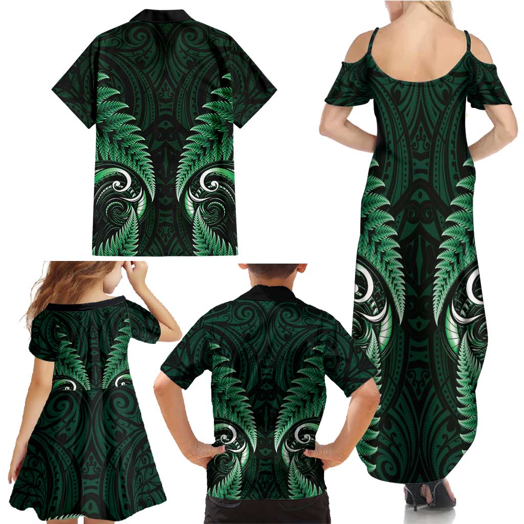 Aotearoa Pounamu Niho Family Matching Summer Maxi Dress and Hawaiian Shirt Silver Fern Mix Maori Pattern - Green LT14 - Polynesian Pride
