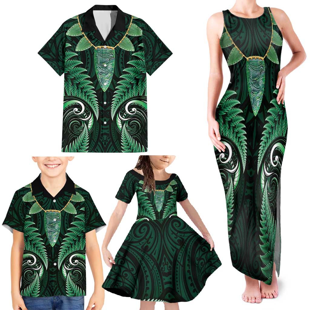 Aotearoa Pounamu Niho Family Matching Tank Maxi Dress and Hawaiian Shirt Silver Fern Mix Maori Pattern - Green LT14 - Polynesian Pride