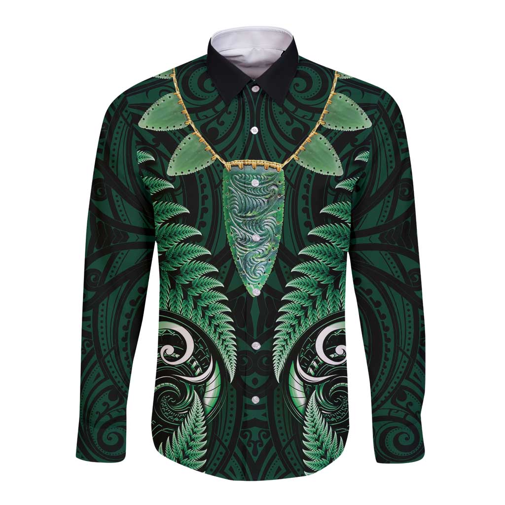 Aotearoa Pounamu Niho Long Sleeve Button Shirt Silver Fern Mix Maori Pattern - Green LT14 Unisex Green - Polynesian Pride