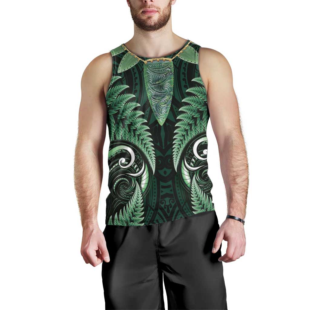 Aotearoa Pounamu Niho Men Tank Top Silver Fern Mix Maori Pattern - Green