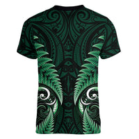 Aotearoa Pounamu Niho Women V-Neck T-Shirt Silver Fern Mix Maori Pattern - Green