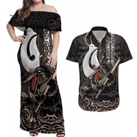 Aotearoa Hei Matau Couples Matching Off Shoulder Maxi Dress and Hawaiian Shirt Haka Kiwi Mix Maori Mangopare LT14 Black - Polynesian Pride