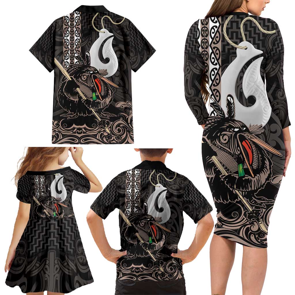 Aotearoa Hei Matau Family Matching Long Sleeve Bodycon Dress and Hawaiian Shirt Haka Kiwi Mix Maori Mangopare LT14 - Polynesian Pride