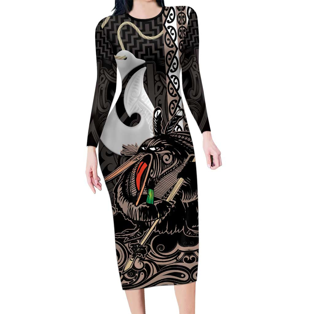 Aotearoa Hei Matau Family Matching Long Sleeve Bodycon Dress and Hawaiian Shirt Haka Kiwi Mix Maori Mangopare LT14 Mom's Dress Black - Polynesian Pride