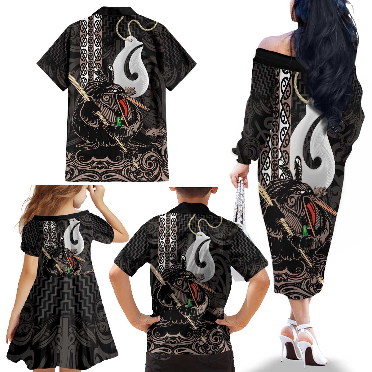 Aotearoa Hei Matau Family Matching Off The Shoulder Long Sleeve Dress and Hawaiian Shirt Haka Kiwi Mix Maori Mangopare LT14 - Polynesian Pride