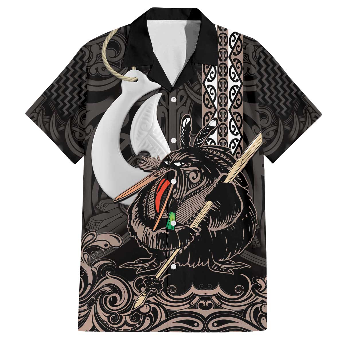 Aotearoa Hei Matau Family Matching Off The Shoulder Long Sleeve Dress and Hawaiian Shirt Haka Kiwi Mix Maori Mangopare LT14 Dad's Shirt - Short Sleeve Black - Polynesian Pride