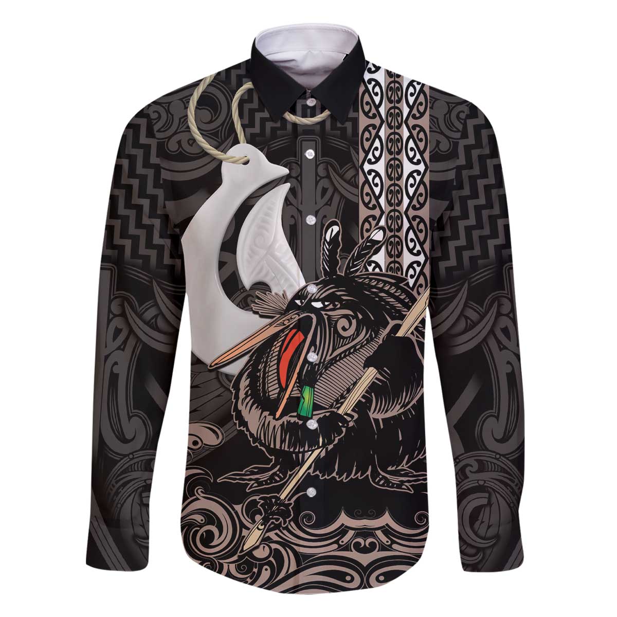 Aotearoa Hei Matau Family Matching Off The Shoulder Long Sleeve Dress and Hawaiian Shirt Haka Kiwi Mix Maori Mangopare LT14 Dad's Shirt - Long Sleeve Black - Polynesian Pride