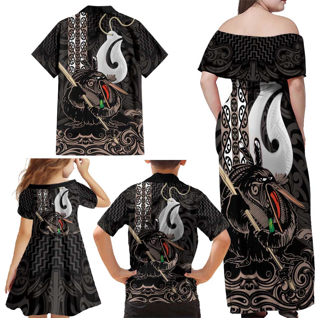 Aotearoa Hei Matau Family Matching Off Shoulder Maxi Dress and Hawaiian Shirt Haka Kiwi Mix Maori Mangopare LT14 - Polynesian Pride