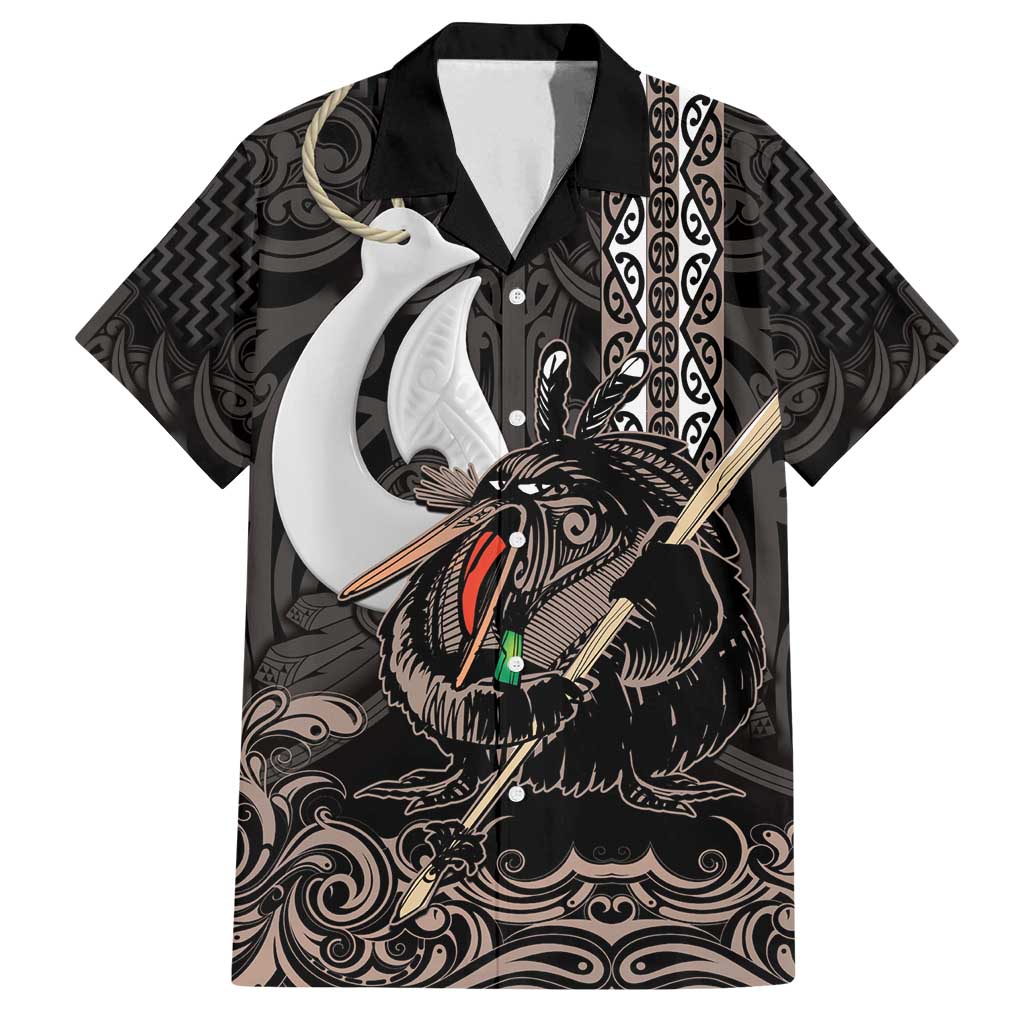 Aotearoa Hei Matau Family Matching Off Shoulder Maxi Dress and Hawaiian Shirt Haka Kiwi Mix Maori Mangopare LT14 Dad's Shirt - Short Sleeve Black - Polynesian Pride