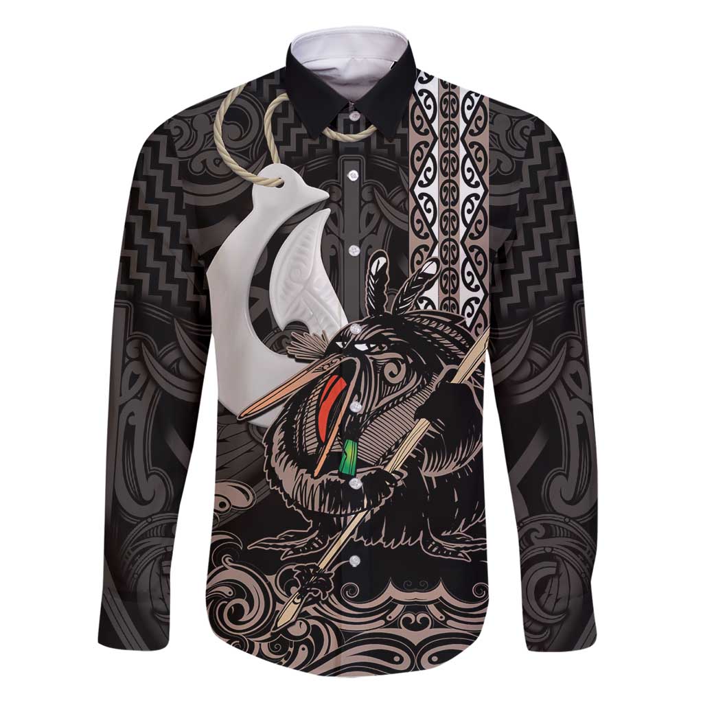 Aotearoa Hei Matau Family Matching Off Shoulder Maxi Dress and Hawaiian Shirt Haka Kiwi Mix Maori Mangopare LT14 Dad's Shirt - Long Sleeve Black - Polynesian Pride