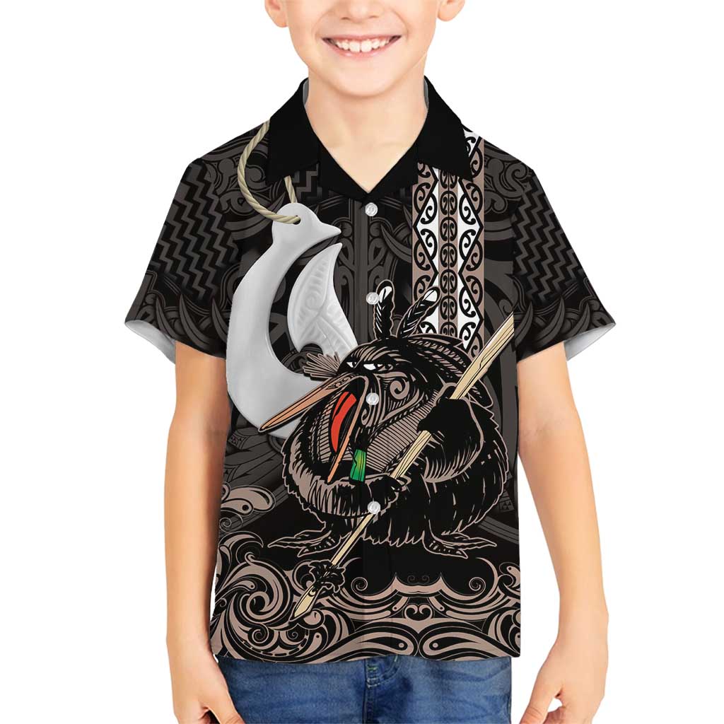 Aotearoa Hei Matau Family Matching Off Shoulder Maxi Dress and Hawaiian Shirt Haka Kiwi Mix Maori Mangopare LT14 Son's Shirt Black - Polynesian Pride