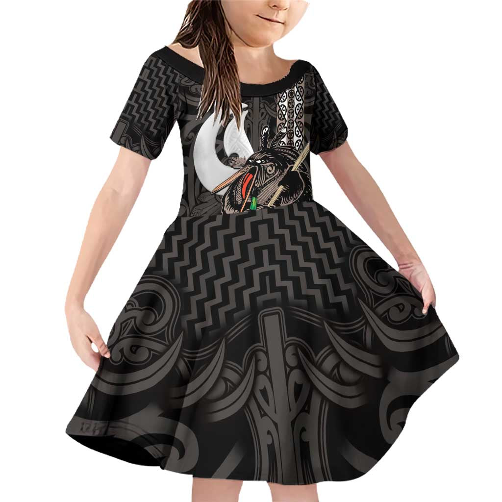 Aotearoa Hei Matau Family Matching Off Shoulder Short Dress and Hawaiian Shirt Haka Kiwi Mix Maori Mangopare LT14 Daughter's Dress Black - Polynesian Pride