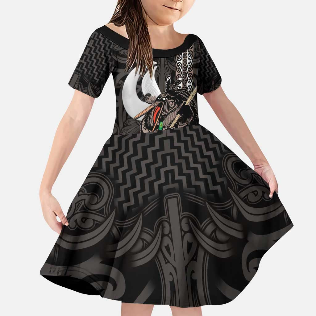 Aotearoa Hei Matau Family Matching Puletasi and Hawaiian Shirt Haka Kiwi Mix Maori Mangopare LT14 Daughter's Dress Black - Polynesian Pride