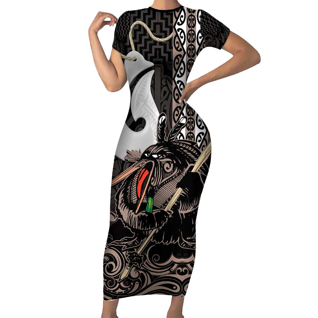 Aotearoa Hei Matau Family Matching Short Sleeve Bodycon Dress and Hawaiian Shirt Haka Kiwi Mix Maori Mangopare LT14 Mom's Dress Black - Polynesian Pride