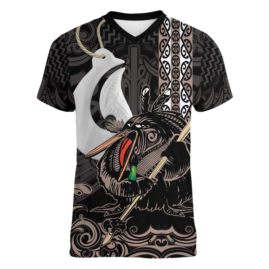 Aotearoa Hei Matau Women V-Neck T-Shirt Haka Kiwi Mix Maori Mangopare