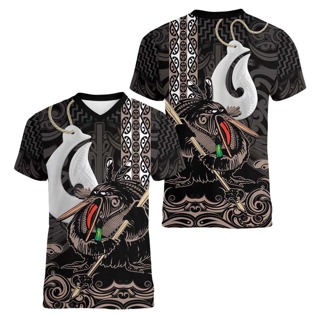 Aotearoa Hei Matau Women V-Neck T-Shirt Haka Kiwi Mix Maori Mangopare