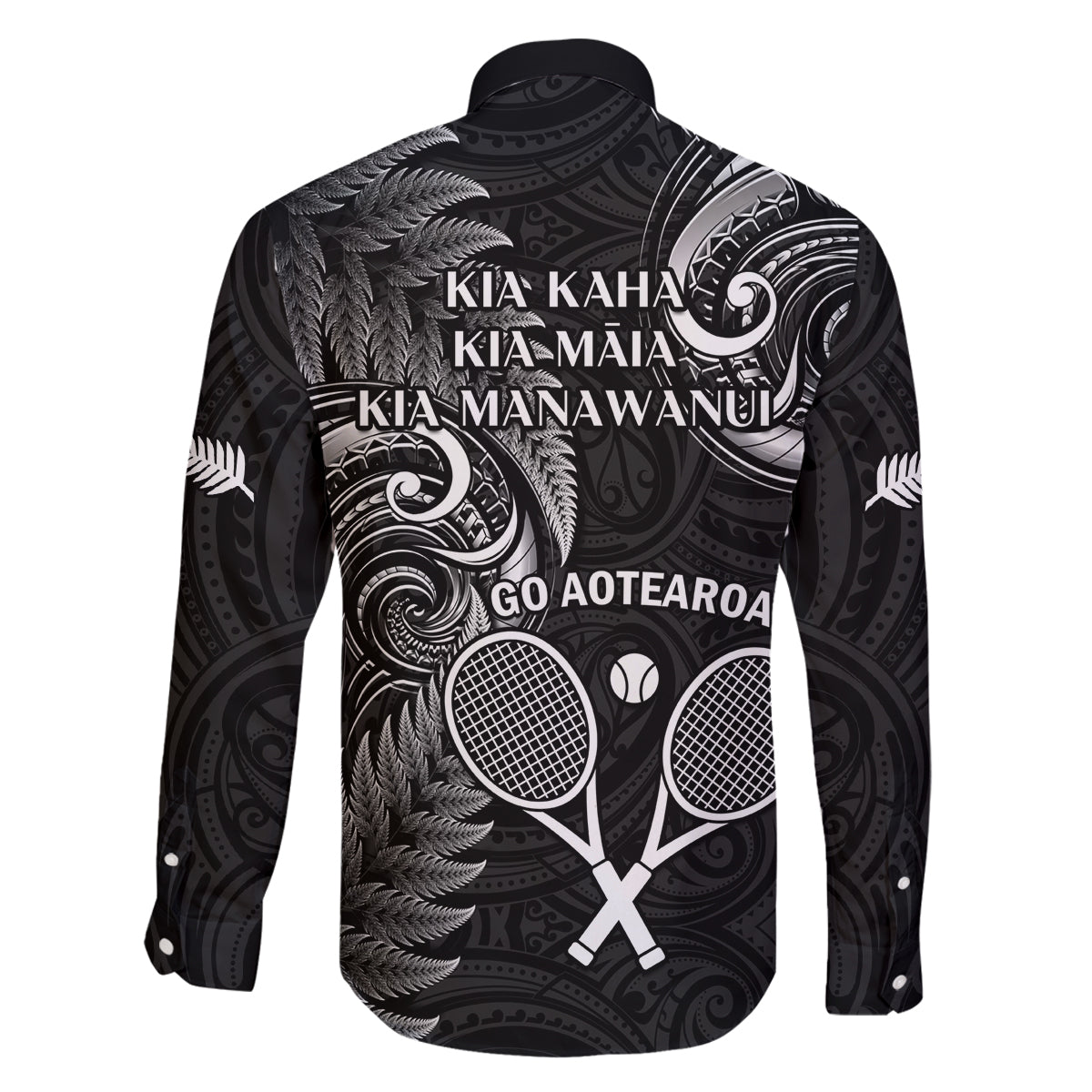 New Zealand Tiki Tennis Family Matching Off Shoulder Maxi Dress and Hawaiian Shirt 2024 Aotearoa Tenehi Maori Silver Fern - Black LT14 - Polynesian Pride