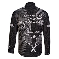 New Zealand Tiki Tennis Family Matching Off Shoulder Maxi Dress and Hawaiian Shirt 2024 Aotearoa Tenehi Maori Silver Fern - Black LT14 - Polynesian Pride