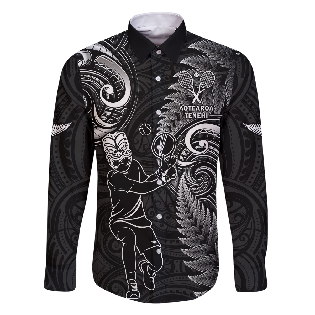 Custom New Zealand Tiki Tennis Family Matching Off Shoulder Short Dress and Hawaiian Shirt 2024 Aotearoa Tenehi Maori Silver Fern - Black LT14 Dad's Shirt - Long Sleeve Black - Polynesian Pride