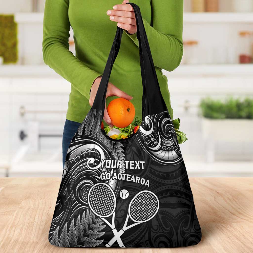 Custom New Zealand Tiki Tennis Grocery Bag Aotearoa Tenehi Maori Silver Fern - Black LT14 - Polynesian Pride