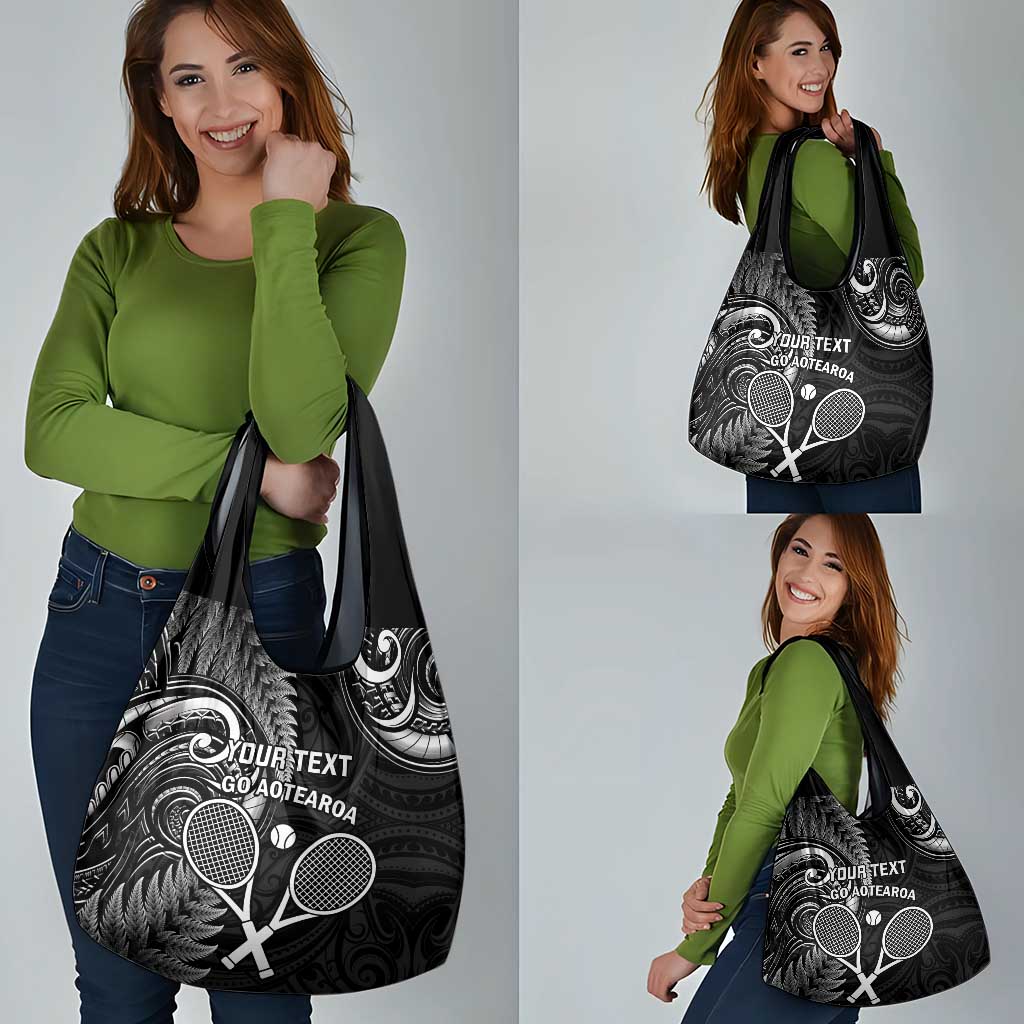 Custom New Zealand Tiki Tennis Grocery Bag Aotearoa Tenehi Maori Silver Fern - Black LT14 - Polynesian Pride