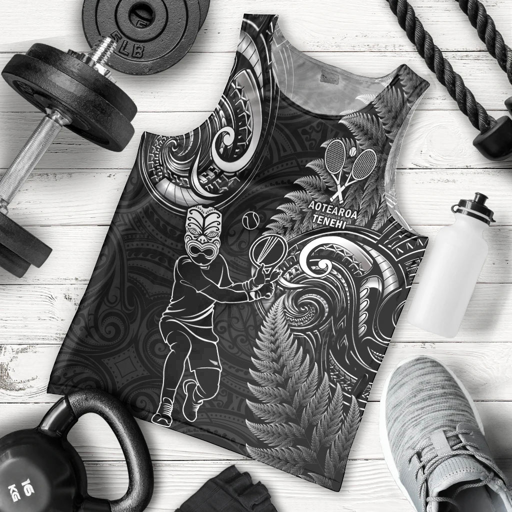 Custom New Zealand Tiki Tennis Men Tank Top 2024 Aotearoa Tenehi Maori Silver Fern - Black LT14 - Polynesian Pride