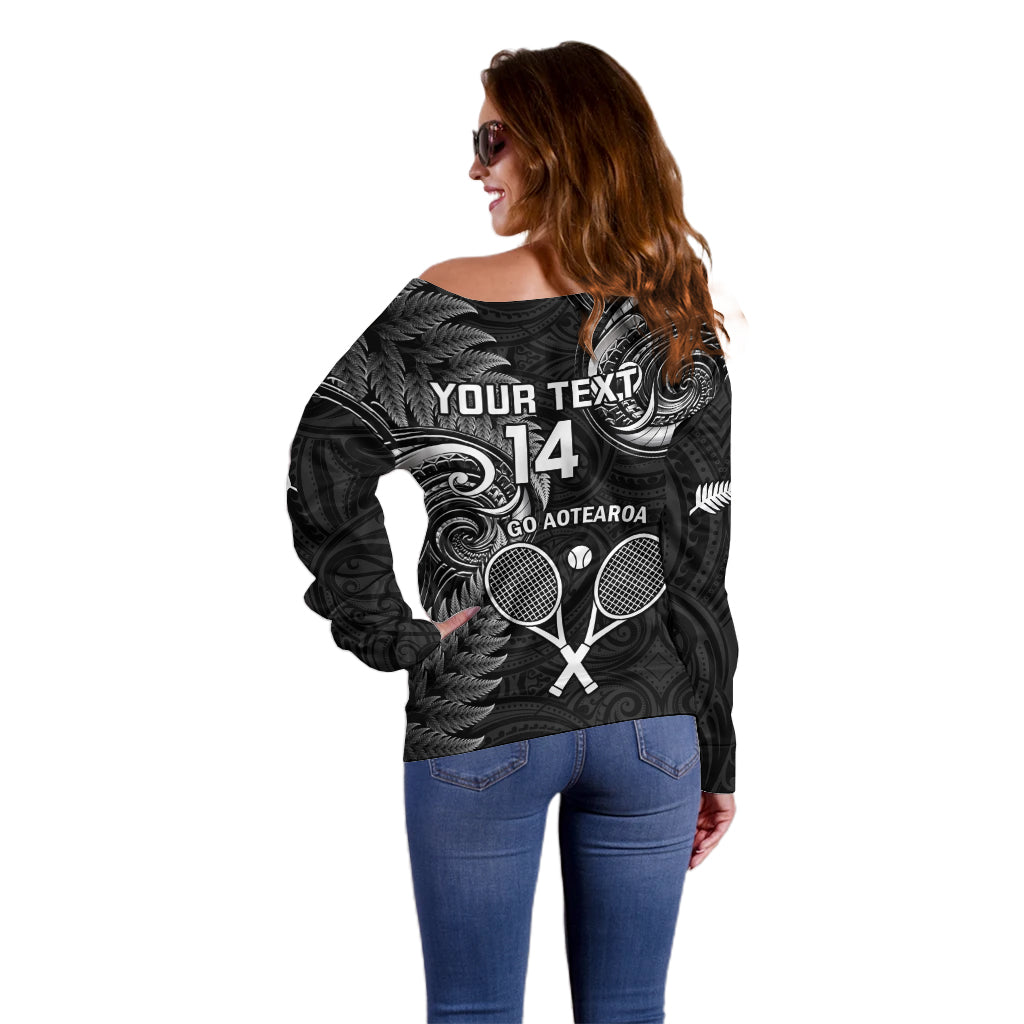 Custom New Zealand Tiki Tennis Off Shoulder Sweater 2024 Aotearoa Tenehi Maori Silver Fern - Black LT14 - Polynesian Pride