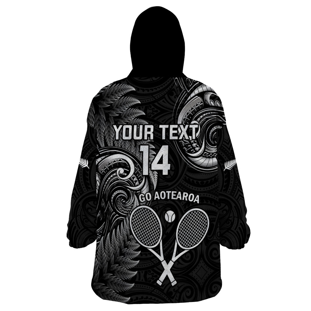 Custom New Zealand Tiki Tennis Wearable Blanket Hoodie 2024 Aotearoa Tenehi Maori Silver Fern - Black LT14 - Polynesian Pride