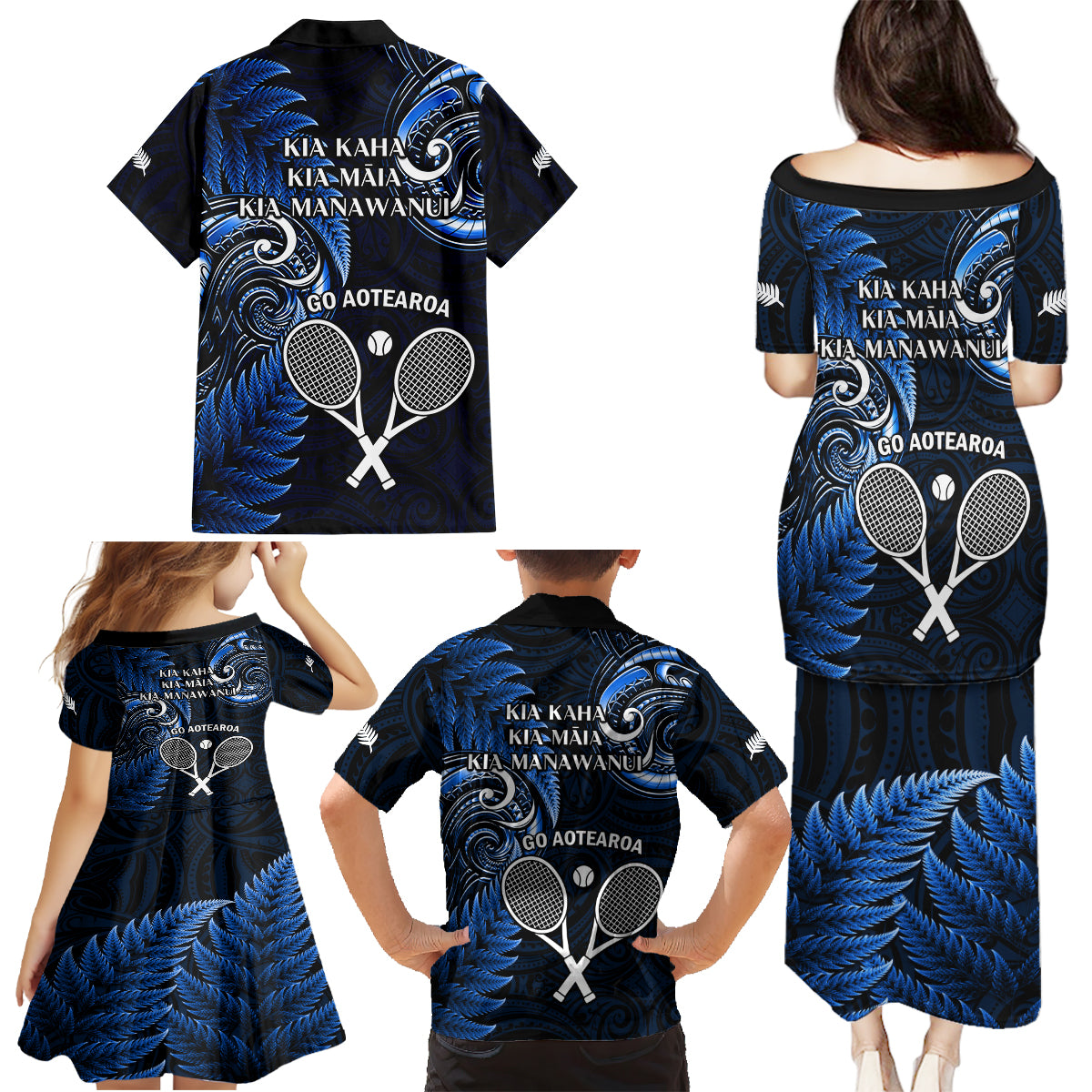 New Zealand Tiki Tennis Family Matching Puletasi and Hawaiian Shirt 2024 Aotearoa Tenehi Maori Silver Fern - Blue LT14 - Polynesian Pride