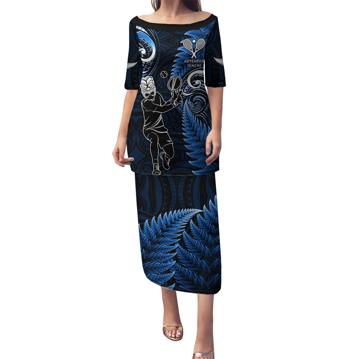 New Zealand Tiki Tennis Family Matching Puletasi and Hawaiian Shirt 2024 Aotearoa Tenehi Maori Silver Fern - Blue LT14 Mom's Dress Blue - Polynesian Pride