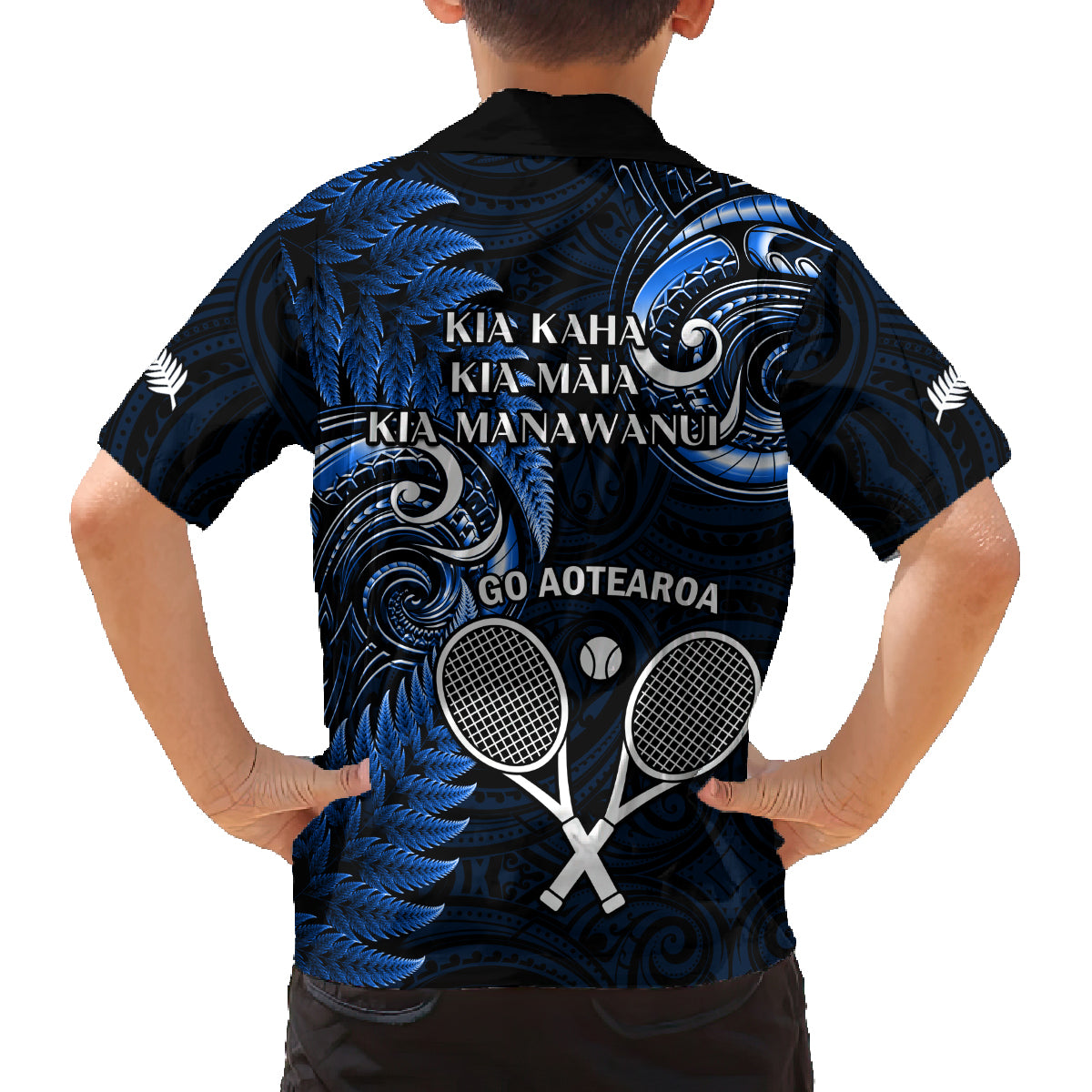New Zealand Tiki Tennis Family Matching Tank Maxi Dress and Hawaiian Shirt 2024 Aotearoa Tenehi Maori Silver Fern - Blue LT14 - Polynesian Pride