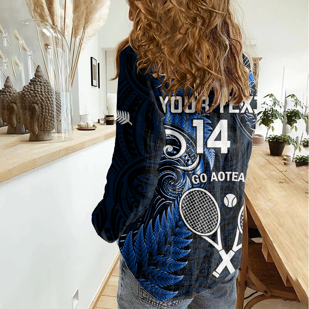 Custom New Zealand Tiki Tennis Women Casual Shirt 2024 Aotearoa Tenehi Maori Silver Fern - Blue LT14 - Polynesian Pride