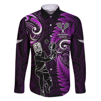 New Zealand Tiki Tennis Family Matching Puletasi and Hawaiian Shirt 2024 Aotearoa Tenehi Maori Silver Fern - Purple LT14 Dad's Shirt - Long Sleeve Purple - Polynesian Pride