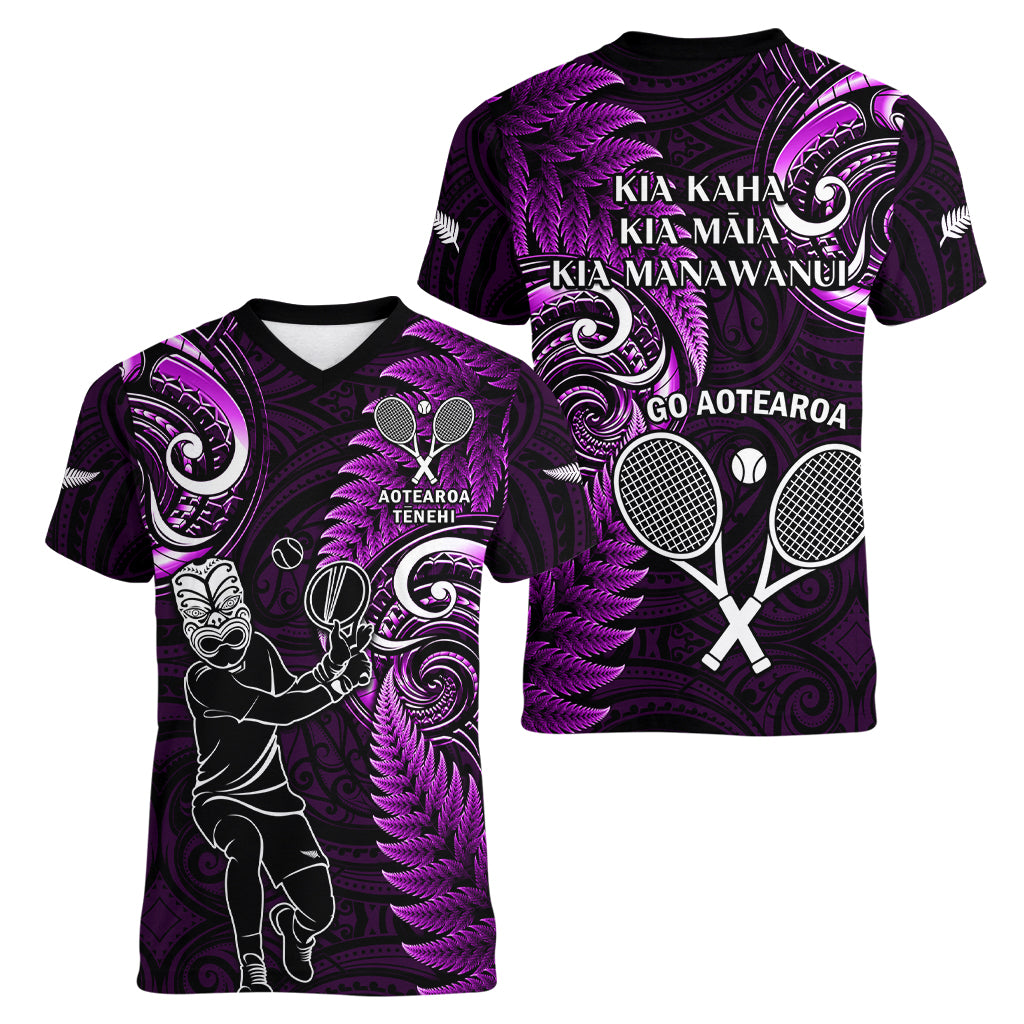 New Zealand Tiki Tennis Women V Neck T Shirt 2024 Aotearoa Tenehi Maori Silver Fern - Purple LT14 - Polynesian Pride