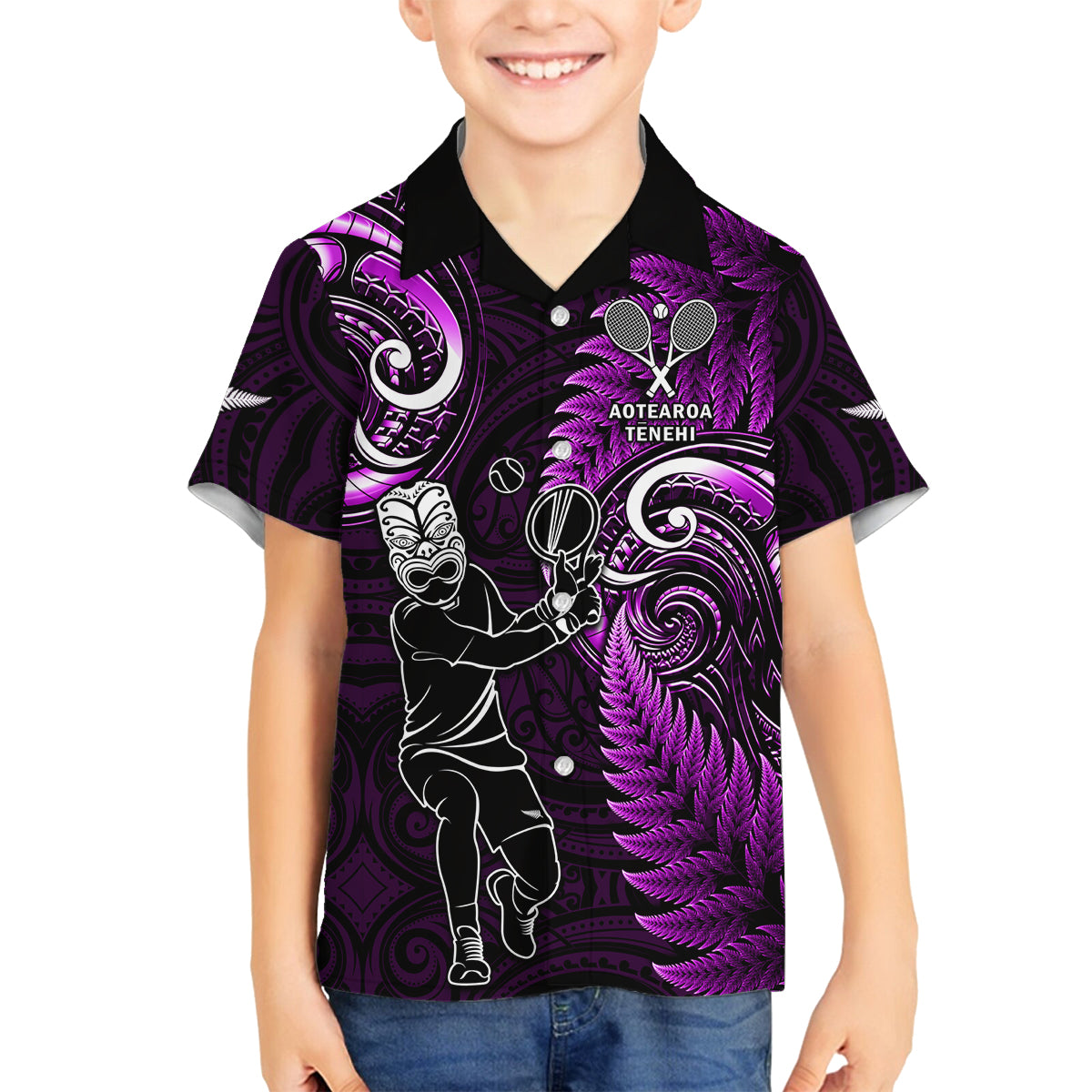 Custom New Zealand Tiki Tennis Family Matching Long Sleeve Bodycon Dress and Hawaiian Shirt 2024 Aotearoa Tenehi Maori Silver Fern - Purple LT14 Son's Shirt Purple - Polynesian Pride